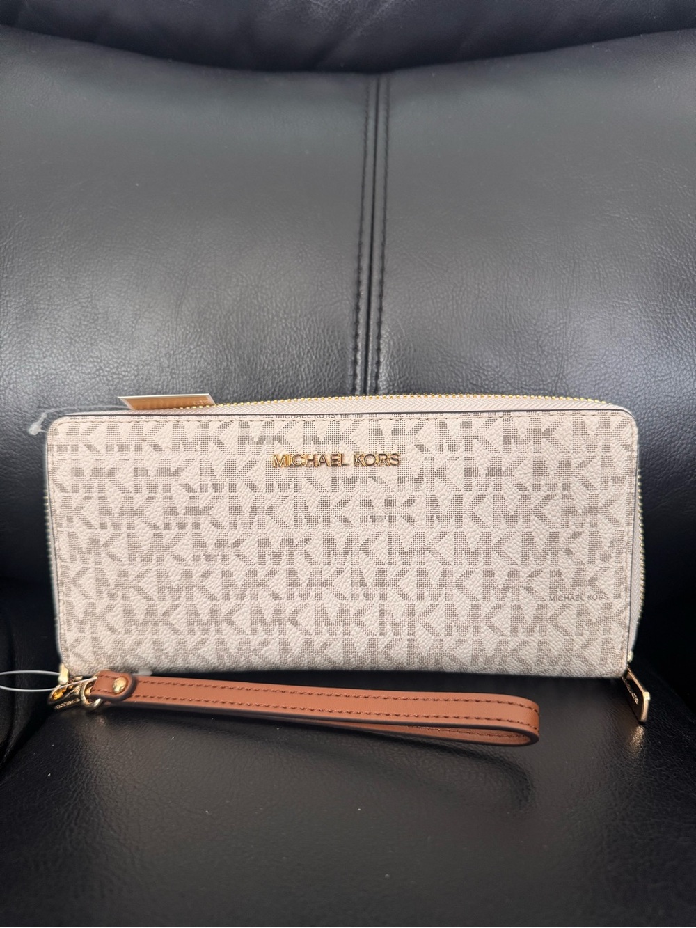 NEW Michael Kors Beige Logo Zip-Around Wristlet with Tan Strap